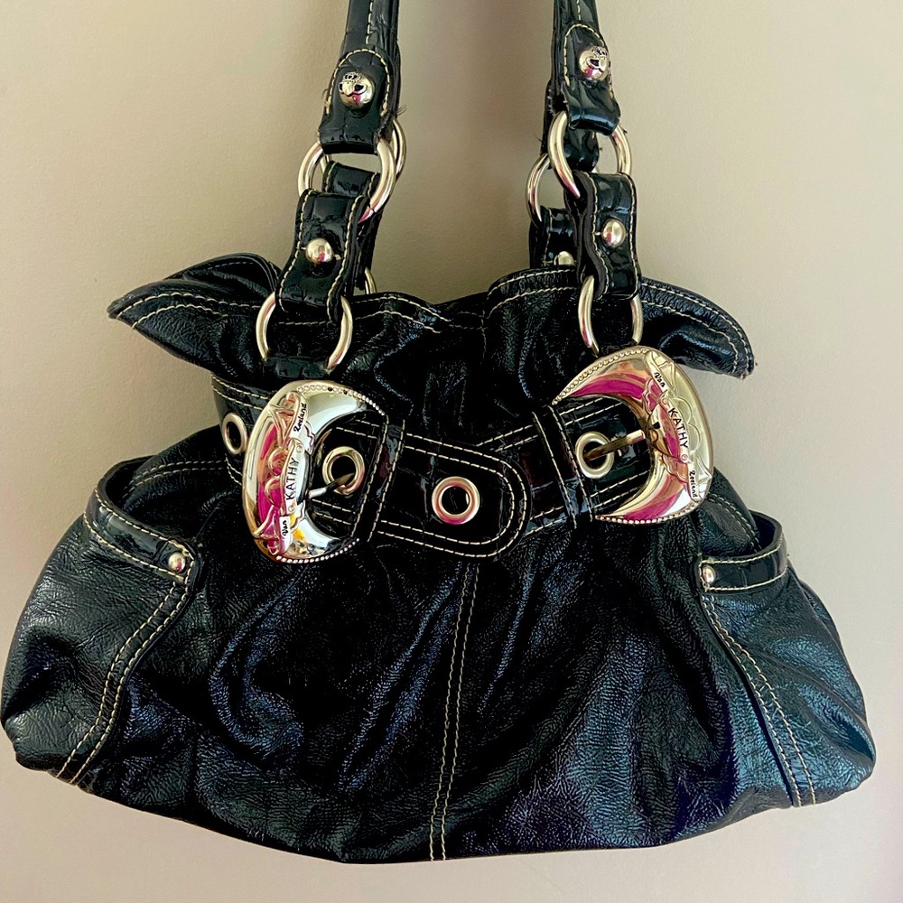 Kathy Van Zeeland 2000’s Black Shoulder Bag with Crown Accents.
